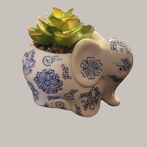 Porcelain Elephant Planter Pot with Fake Plant
